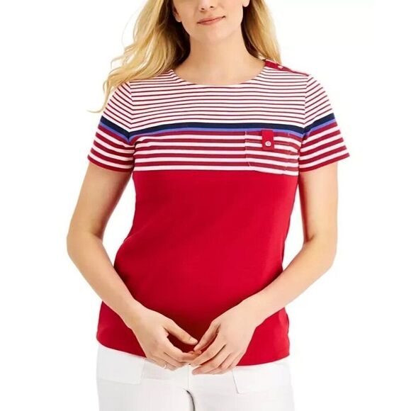 Karen Scott Lady Stripe Colorblocked Top, New Red Amore, XL - Picture 1 of 5